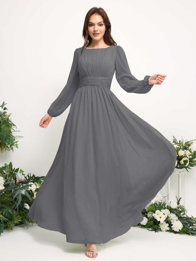 Carlyna Robe trapèze en mousseline avec encolure bateau manches longues pour demoiselle d'honneur Gris Acier #couleur_gris-acier