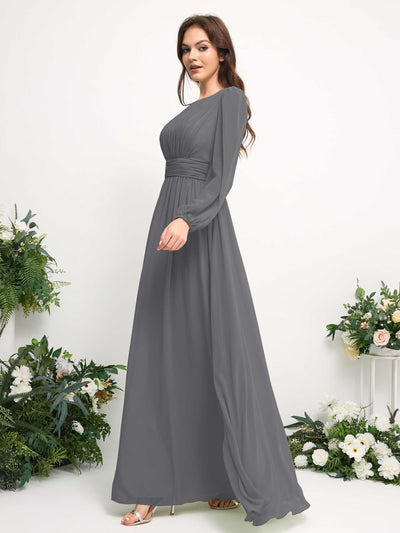 Carlyna Robe trapèze en mousseline avec encolure bateau manches longues pour demoiselle d'honneur Gris Acier #couleur_gris-acier