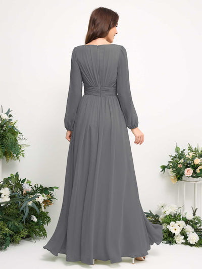 Carlyna Robe trapèze en mousseline avec encolure bateau manches longues pour demoiselle d'honneur Gris Acier #couleur_gris-acier