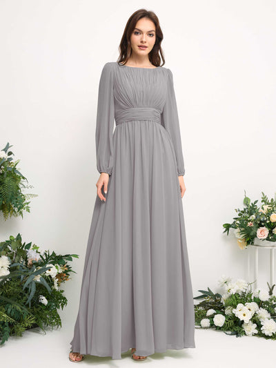 Carlyna Robe trapèze en mousseline avec encolure bateau manches longues pour demoiselle d'honneur Gris Boussole #couleur_gris-boussole