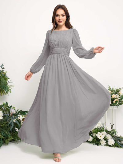 Carlyna Robe trapèze en mousseline avec encolure bateau manches longues pour demoiselle d'honneur Gris Boussole #couleur_gris-boussole