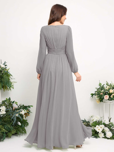 Carlyna Robe trapèze en mousseline avec encolure bateau manches longues pour demoiselle d'honneur Gris Boussole #couleur_gris-boussole