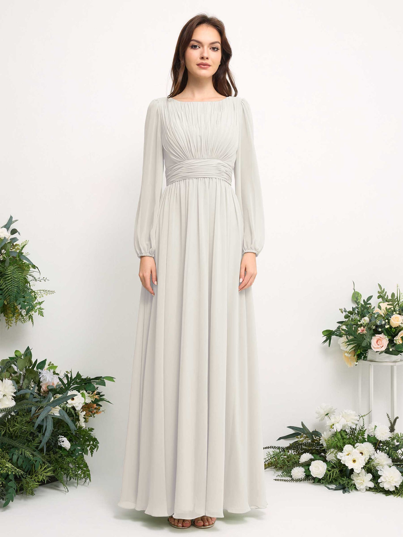 Carlyna Robe trapèze en mousseline avec encolure bateau manches longues pour demoiselle d'honneur Ivoire #couleur_ivoire