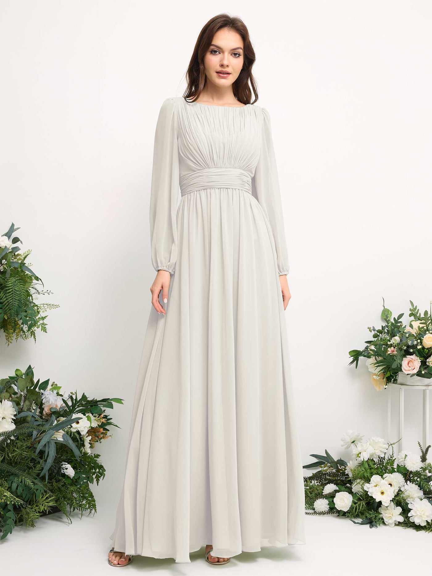 Carlyna Robe trapèze en mousseline avec encolure bateau manches longues pour demoiselle d'honneur Ivoire #couleur_ivoire