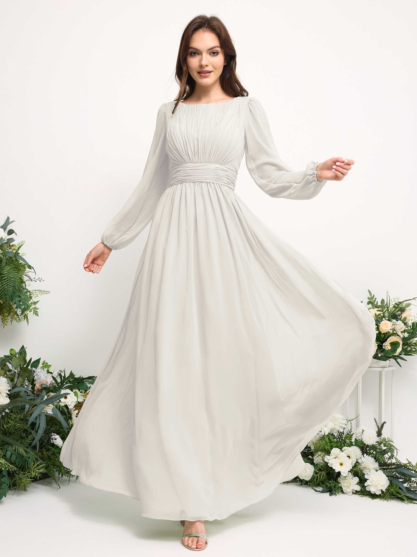 Carlyna Robe trapèze en mousseline avec encolure bateau manches longues pour demoiselle d'honneur Ivoire #couleur_ivoire