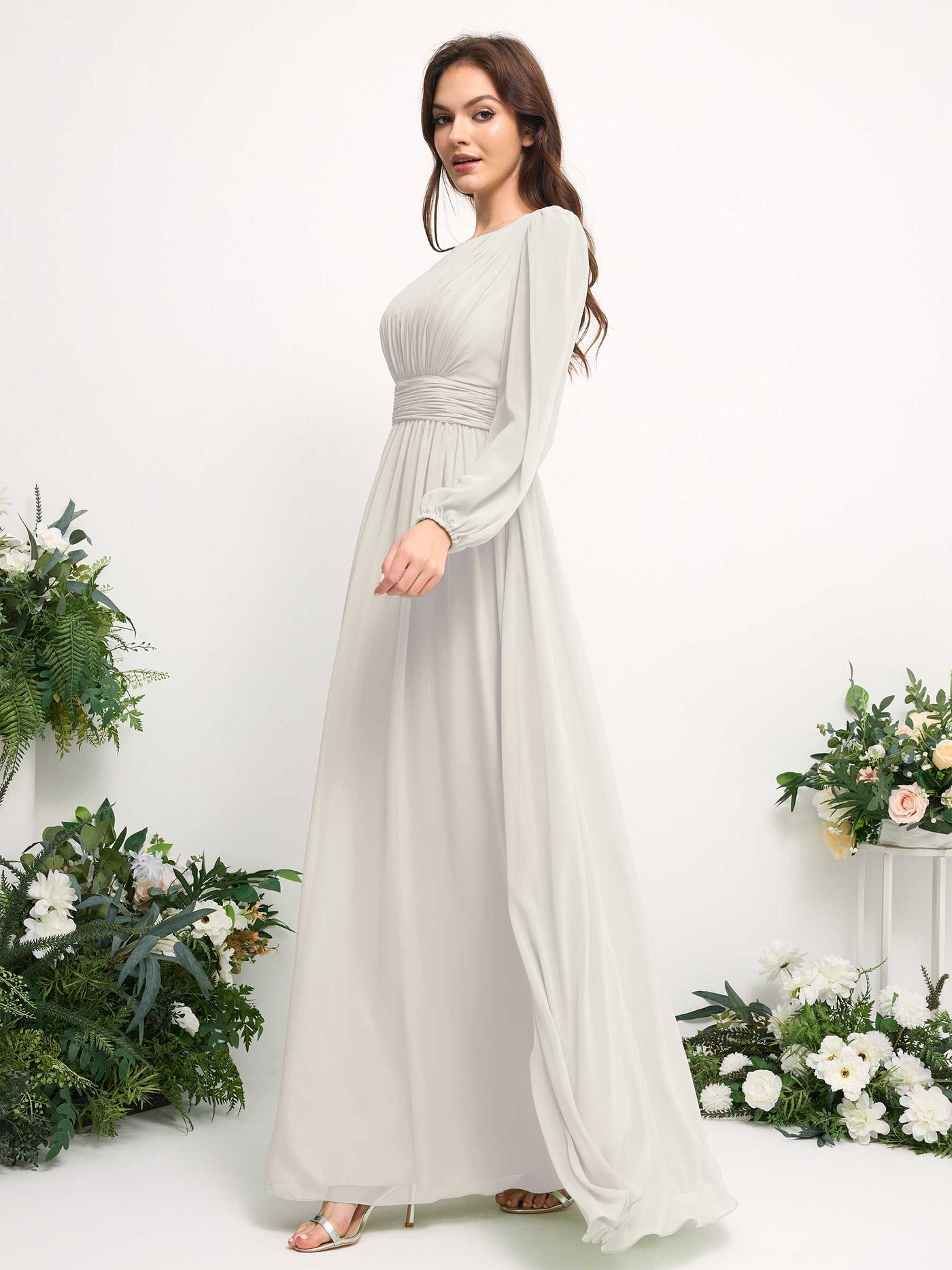 Carlyna Robe trapèze en mousseline avec encolure bateau manches longues pour demoiselle d'honneur Ivoire #couleur_ivoire