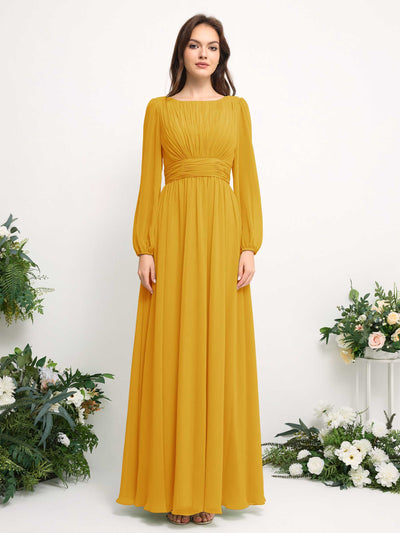 Carlyna Robe trapèze en mousseline avec encolure bateau manches longues pour demoiselle d'honneur Jaune Moutard #couleur_jaune-moutard