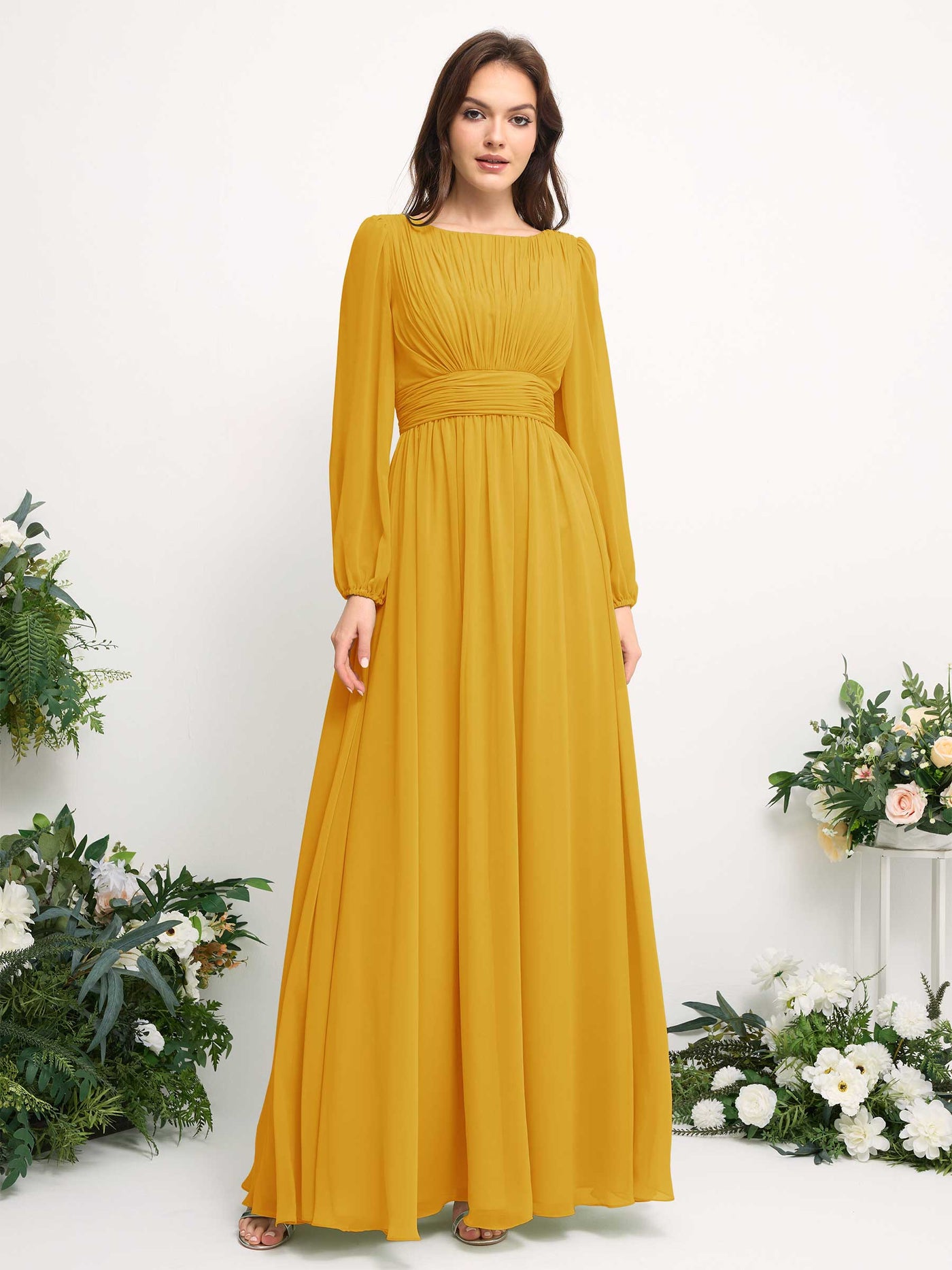 Carlyna Robe trapèze en mousseline avec encolure bateau manches longues pour demoiselle d'honneur Jaune Moutard #couleur_jaune-moutard