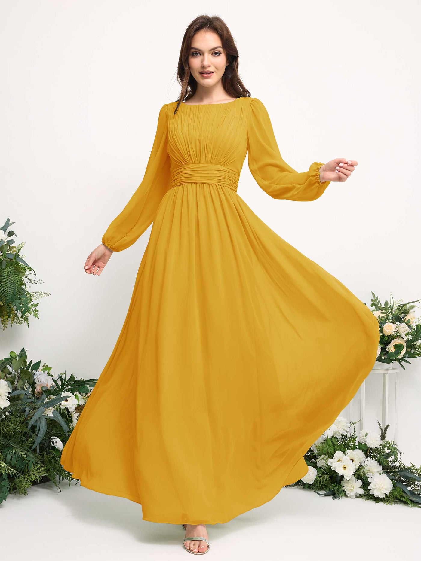 Carlyna Robe trapèze en mousseline avec encolure bateau manches longues pour demoiselle d'honneur Jaune Moutard #couleur_jaune-moutard