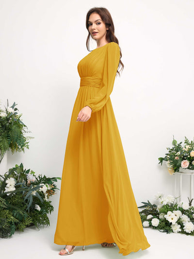 Carlyna Robe trapèze en mousseline avec encolure bateau manches longues pour demoiselle d'honneur Jaune Moutard #couleur_jaune-moutard