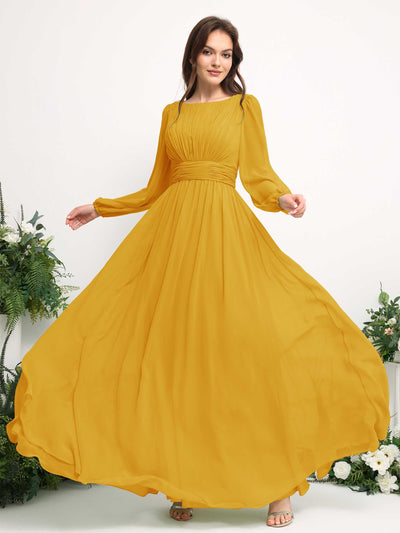 Carlyna Robe trapèze en mousseline avec encolure bateau manches longues pour demoiselle d'honneur Jaune Moutard #couleur_jaune-moutard