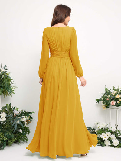 Carlyna Robe trapèze en mousseline avec encolure bateau manches longues pour demoiselle d'honneur Jaune Moutard #couleur_jaune-moutard