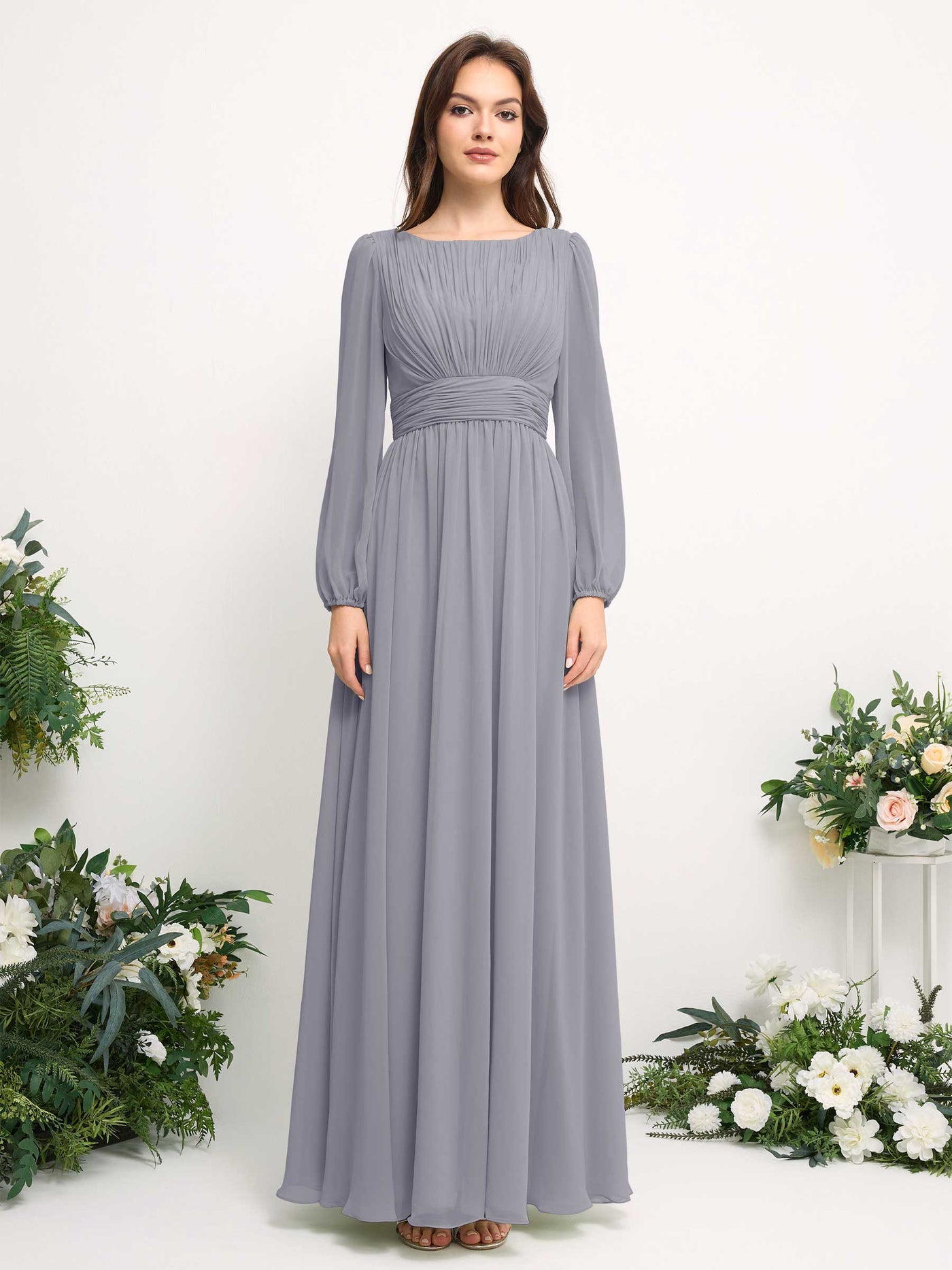 Carlyna Robe trapèze en mousseline avec encolure bateau manches longues pour demoiselle d'honneur Lavande Poudrée #couleur_lavande-poudr-e