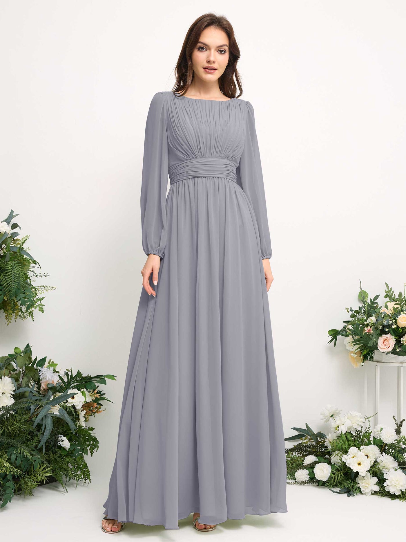 Carlyna Robe trapèze en mousseline avec encolure bateau manches longues pour demoiselle d'honneur Lavande Poudrée #couleur_lavande-poudr-e