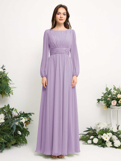 Carlyna Robe trapèze en mousseline avec encolure bateau manches longues pour demoiselle d'honneur Lilas #couleur_lilas