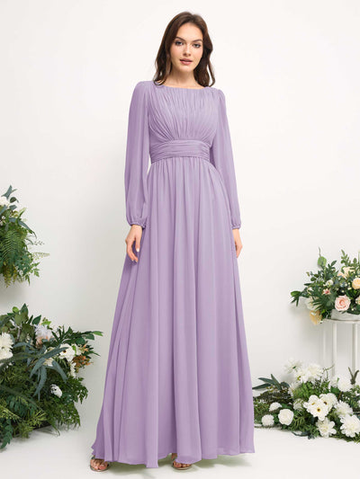 Carlyna Robe trapèze en mousseline avec encolure bateau manches longues pour demoiselle d'honneur Lilas #couleur_lilas
