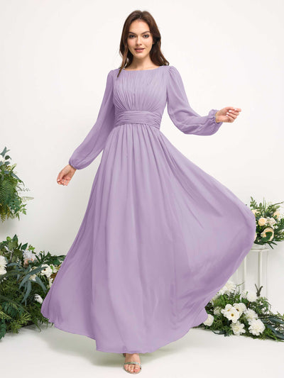 Carlyna Robe trapèze en mousseline avec encolure bateau manches longues pour demoiselle d'honneur Lilas #couleur_lilas