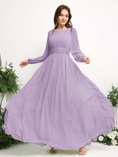 Carlyna Robe trapèze en mousseline avec encolure bateau manches longues pour demoiselle d'honneur Lilas #couleur_lilas
