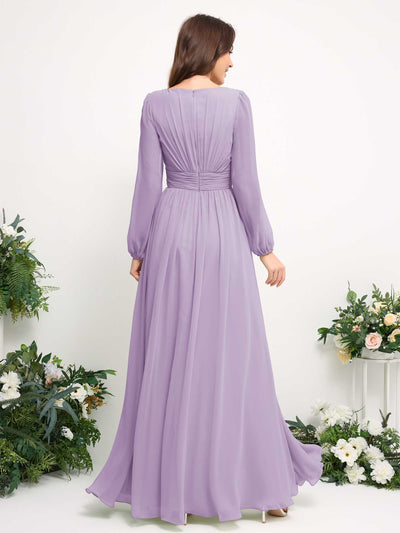 Carlyna Robe trapèze en mousseline avec encolure bateau manches longues pour demoiselle d'honneur Lilas #couleur_lilas