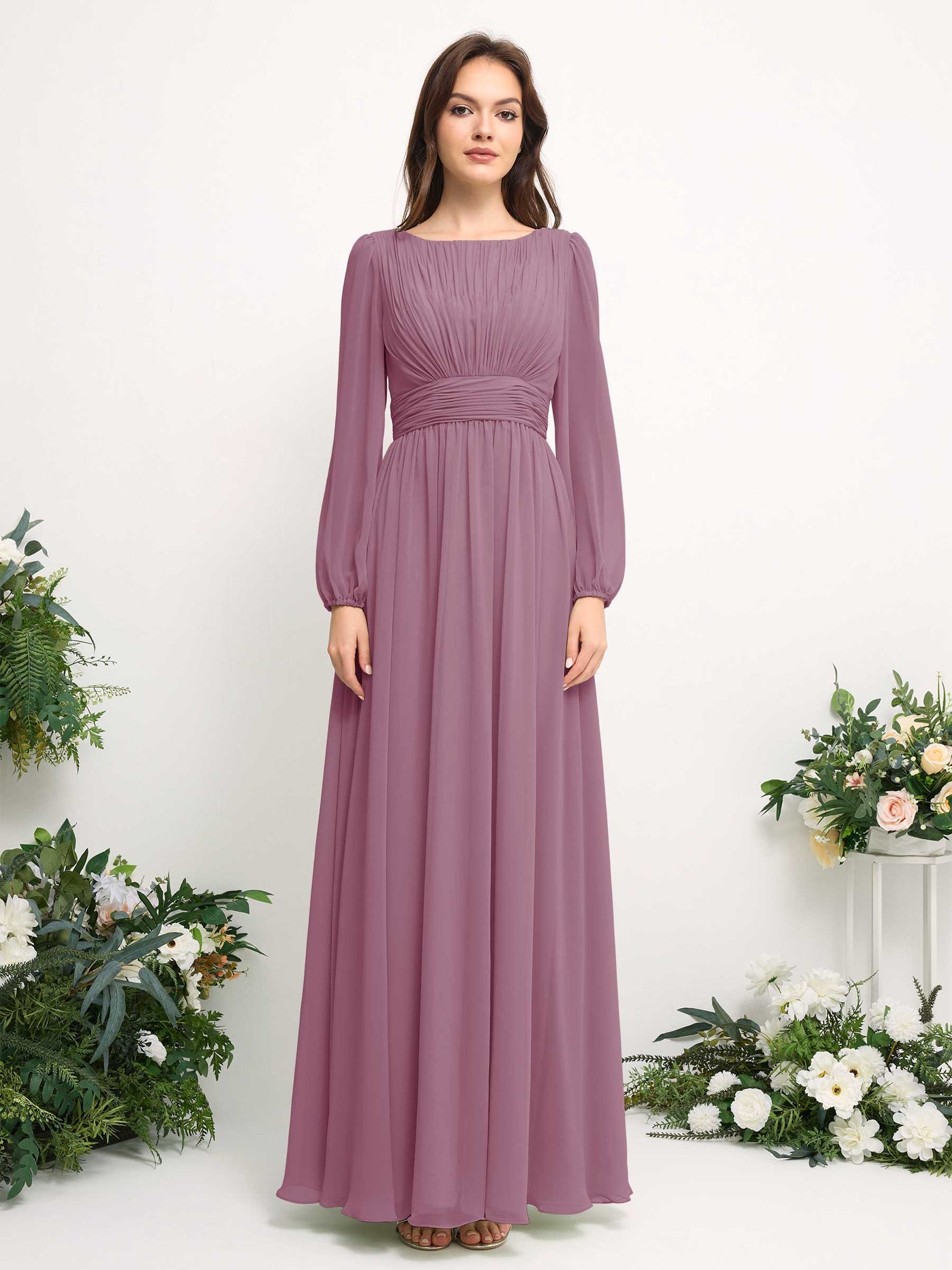 Carlyna Robe trapèze en mousseline avec encolure bateau manches longues pour demoiselle d'honneur Mauve Vintage #couleur_mauve-vintage