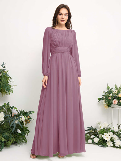 Carlyna Robe trapèze en mousseline avec encolure bateau manches longues pour demoiselle d'honneur Mauve Vintage #couleur_mauve-vintage