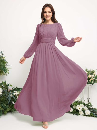 Carlyna Robe trapèze en mousseline avec encolure bateau manches longues pour demoiselle d'honneur Mauve Vintage #couleur_mauve-vintage