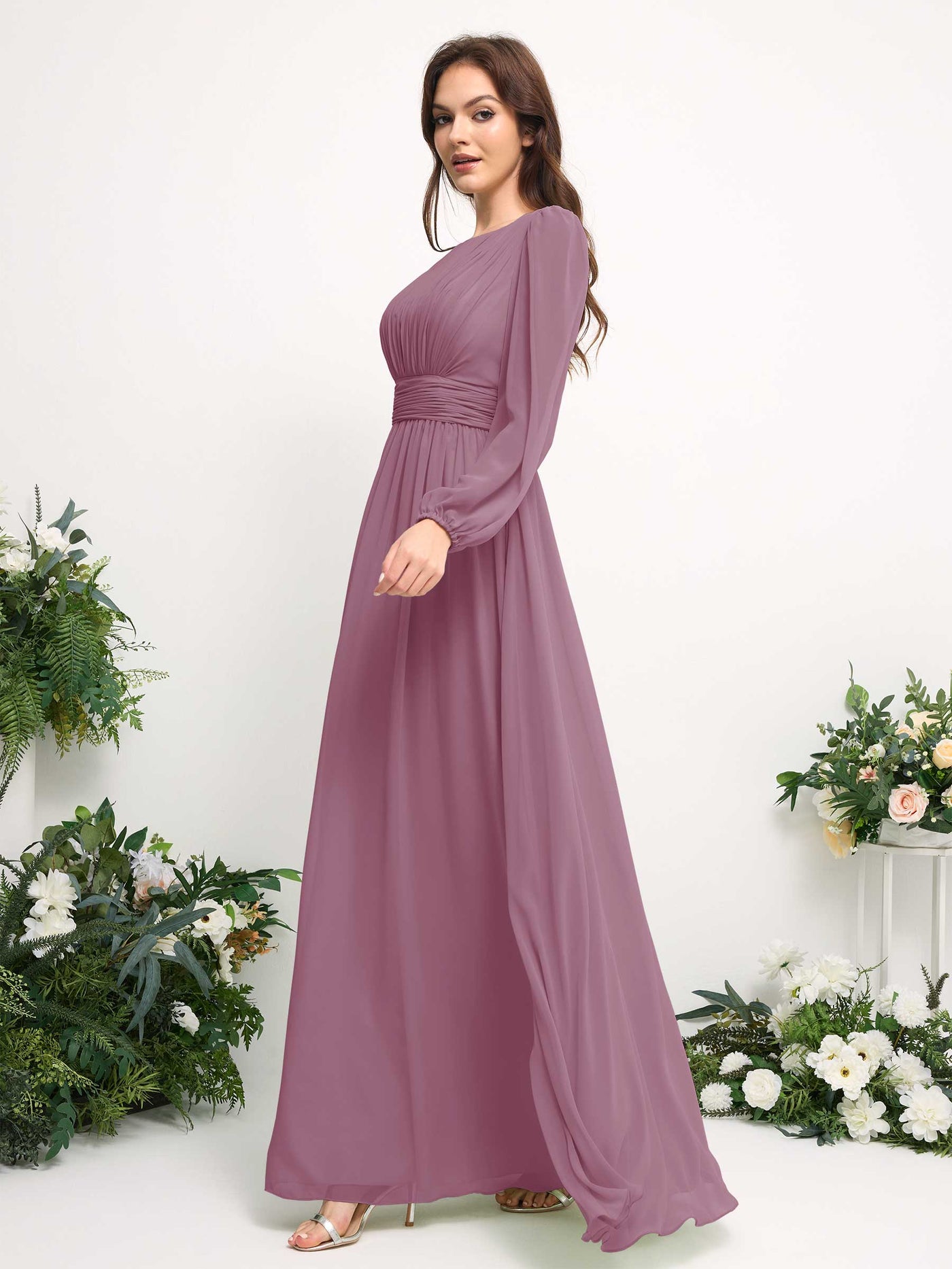 Carlyna Robe trapèze en mousseline avec encolure bateau manches longues pour demoiselle d'honneur Mauve Vintage #couleur_mauve-vintage