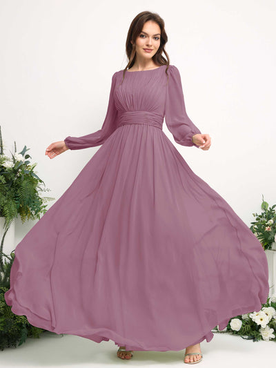 Carlyna Robe trapèze en mousseline avec encolure bateau manches longues pour demoiselle d'honneur Mauve Vintage #couleur_mauve-vintage