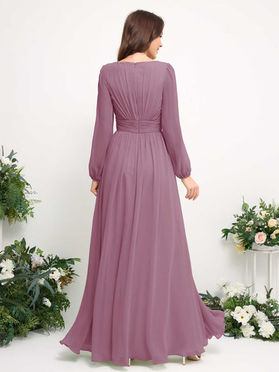 Carlyna Robe trapèze en mousseline avec encolure bateau manches longues pour demoiselle d'honneur Mauve Vintage #couleur_mauve-vintage