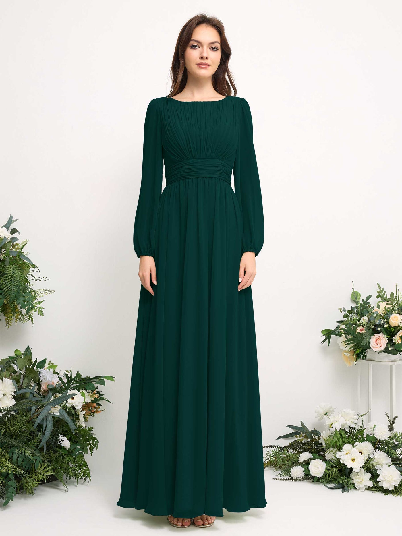 Carlyna Robe trapèze en mousseline avec encolure bateau manches longues pour demoiselle d'honneur Émeraude Foncé #couleur_meraude-fonc