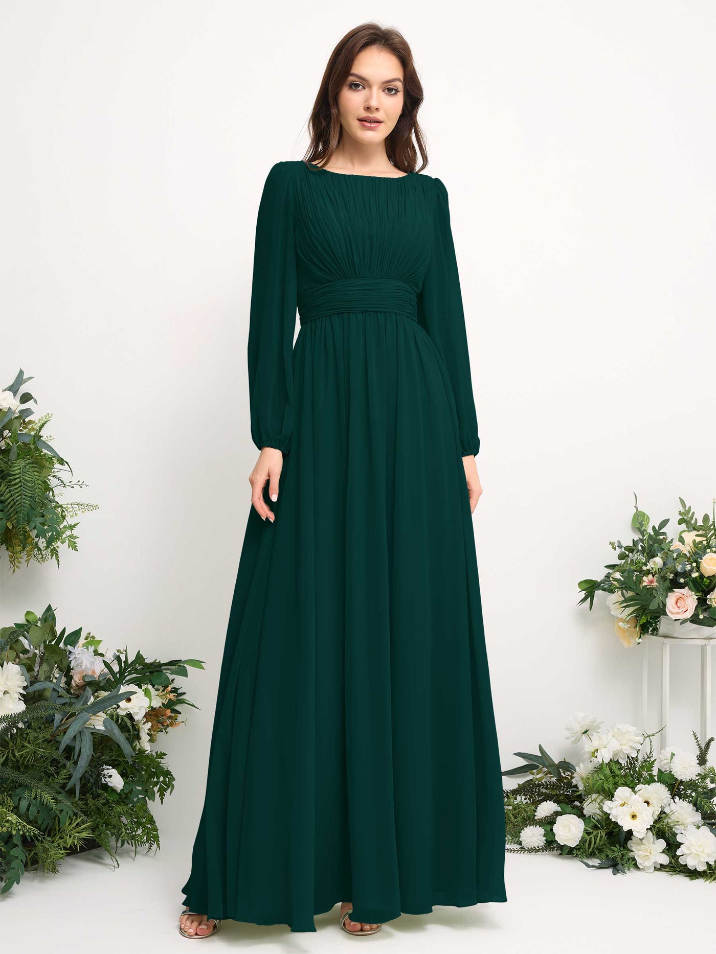 Carlyna Robe trapèze en mousseline avec encolure bateau manches longues pour demoiselle d'honneur Émeraude Foncé #couleur_meraude-fonc