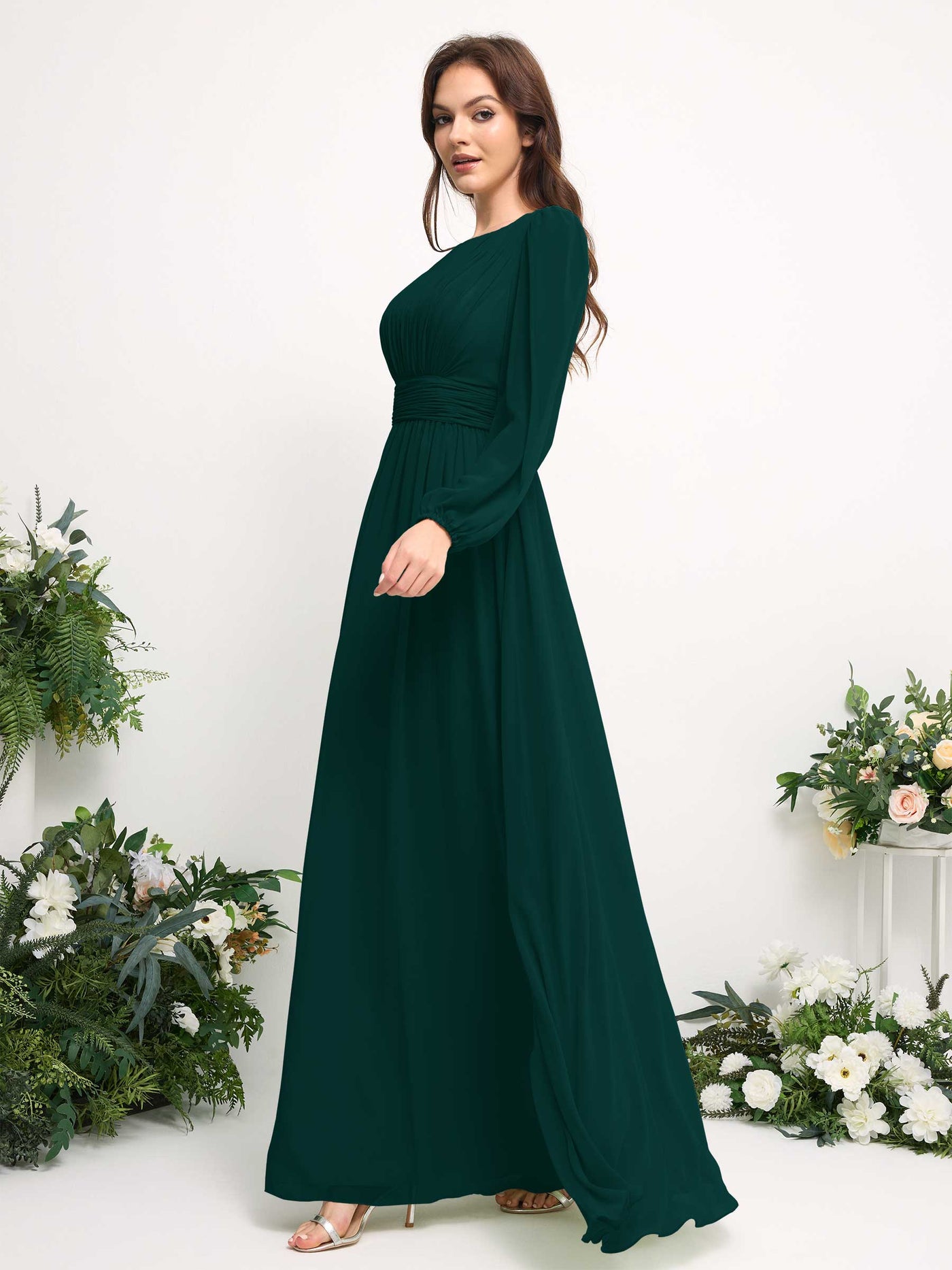 Carlyna Robe trapèze en mousseline avec encolure bateau manches longues pour demoiselle d'honneur Émeraude Foncé #couleur_meraude-fonc
