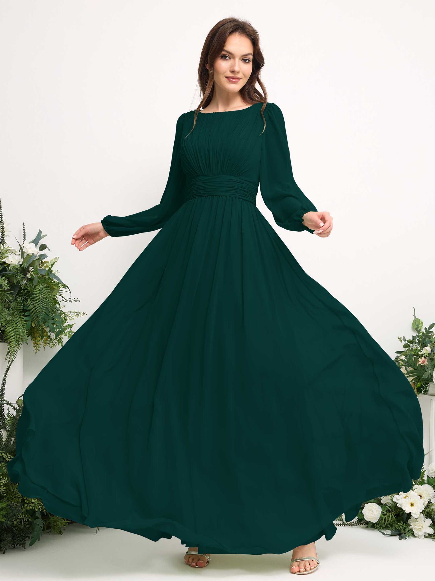 Carlyna Robe trapèze en mousseline avec encolure bateau manches longues pour demoiselle d'honneur Émeraude Foncé #couleur_meraude-fonc