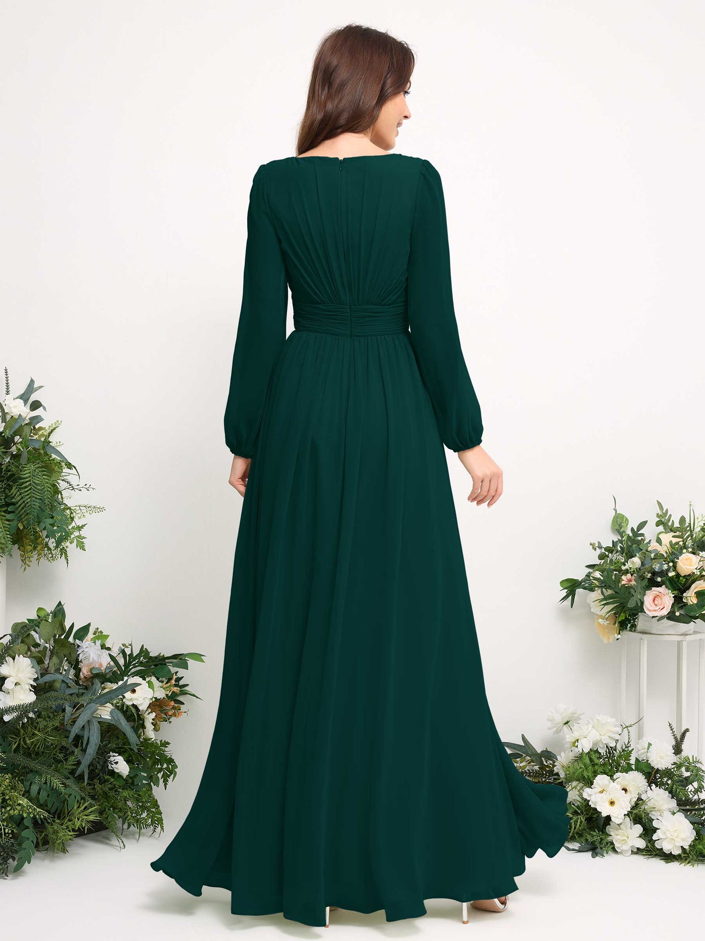 Carlyna Robe trapèze en mousseline avec encolure bateau manches longues pour demoiselle d'honneur Émeraude Foncé #couleur_meraude-fonc