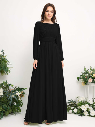 Carlyna Robe trapèze en mousseline avec encolure bateau manches longues pour demoiselle d'honneur Noir #couleur_noir