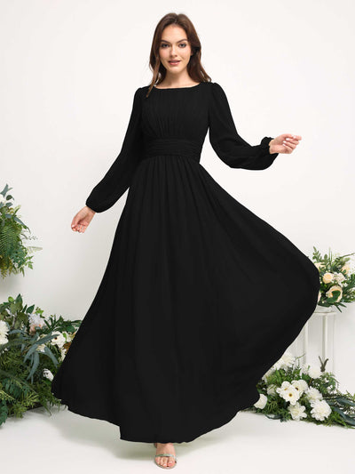 Carlyna Robe trapèze en mousseline avec encolure bateau manches longues pour demoiselle d'honneur Noir #couleur_noir