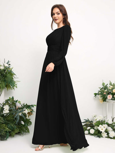 Carlyna Robe trapèze en mousseline avec encolure bateau manches longues pour demoiselle d'honneur Noir #couleur_noir