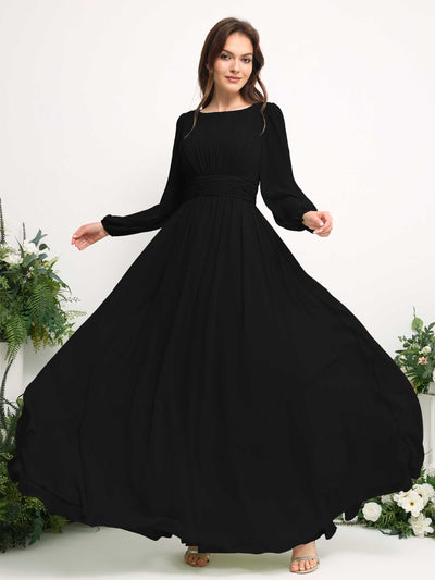 Carlyna Robe trapèze en mousseline avec encolure bateau manches longues pour demoiselle d'honneur Noir #couleur_noir