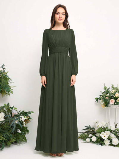 Carlyna Robe trapèze en mousseline avec encolure bateau manches longues pour demoiselle d'honneur Olive Martini #couleur_olive-martini