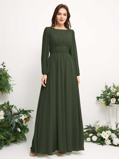 Carlyna Robe trapèze en mousseline avec encolure bateau manches longues pour demoiselle d'honneur Olive Martini #couleur_olive-martini