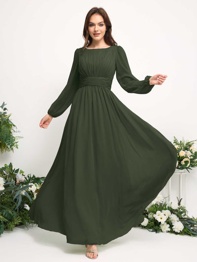 Carlyna Robe trapèze en mousseline avec encolure bateau manches longues pour demoiselle d'honneur Olive Martini #couleur_olive-martini