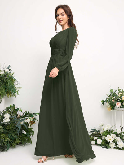 Carlyna Robe trapèze en mousseline avec encolure bateau manches longues pour demoiselle d'honneur Olive Martini #couleur_olive-martini