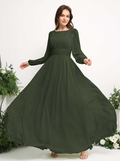 Carlyna Robe trapèze en mousseline avec encolure bateau manches longues pour demoiselle d'honneur Olive Martini #couleur_olive-martini