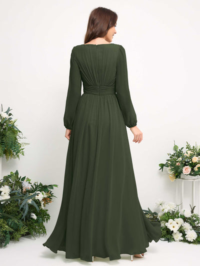 Carlyna Robe trapèze en mousseline avec encolure bateau manches longues pour demoiselle d'honneur Olive Martini #couleur_olive-martini