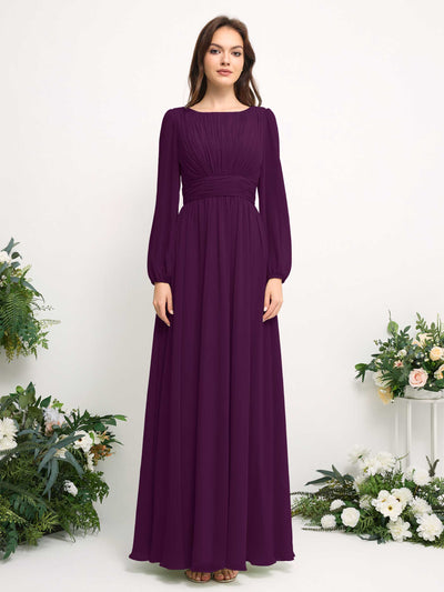 Carlyna Robe trapèze en mousseline avec encolure bateau manches longues pour demoiselle d'honneur Pourpre #couleur_pourpre