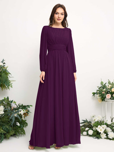 Carlyna Robe trapèze en mousseline avec encolure bateau manches longues pour demoiselle d'honneur Pourpre #couleur_pourpre