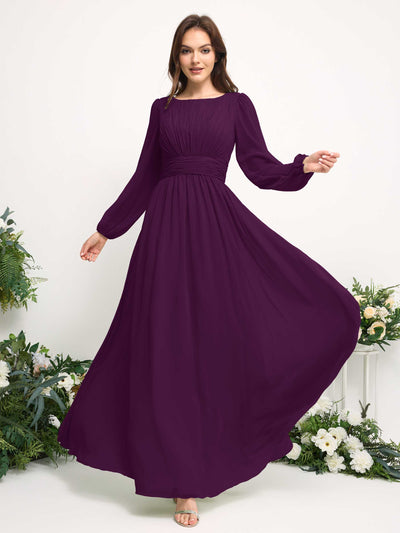 Carlyna Robe trapèze en mousseline avec encolure bateau manches longues pour demoiselle d'honneur Pourpre #couleur_pourpre
