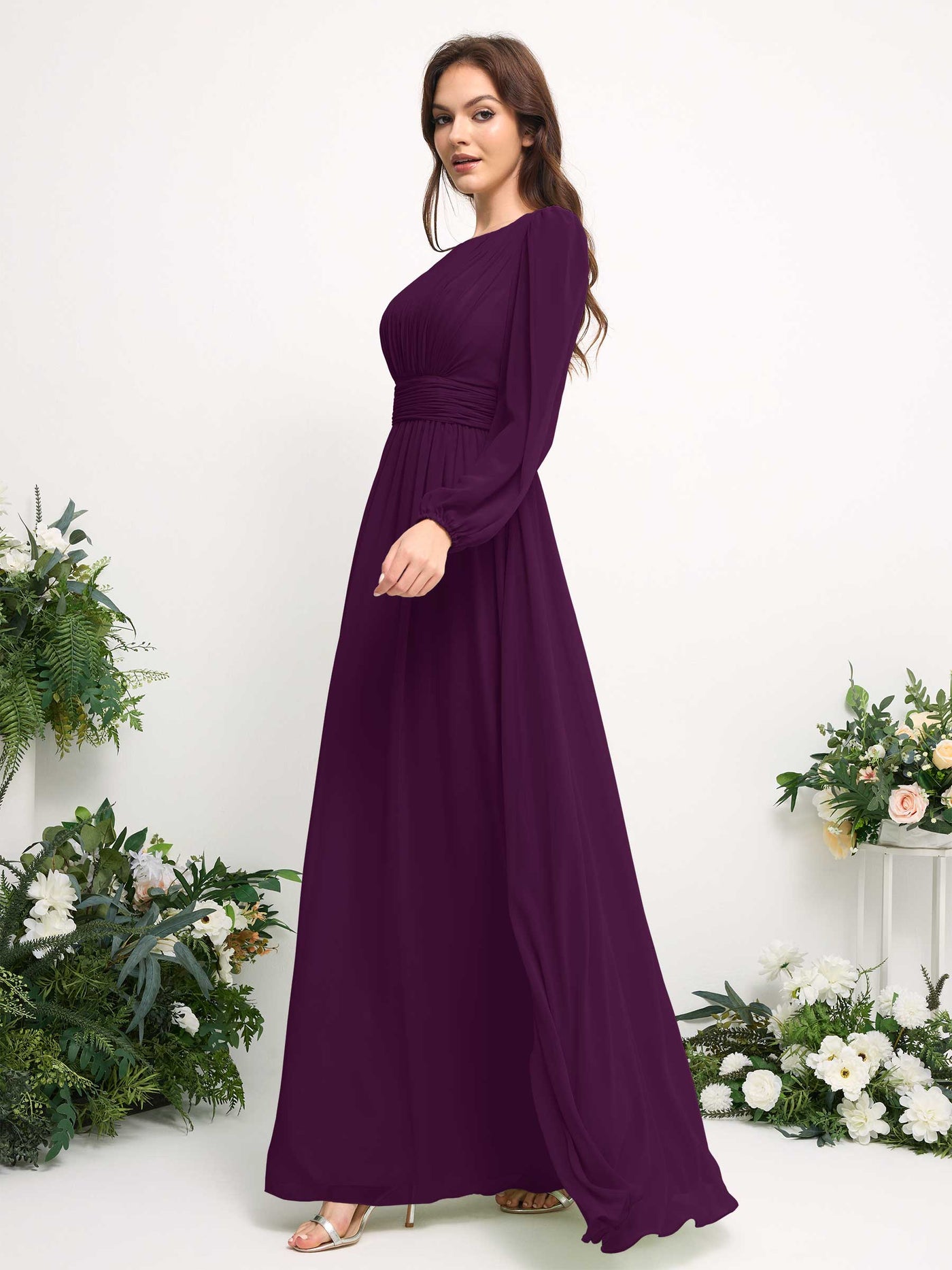 Carlyna Robe trapèze en mousseline avec encolure bateau manches longues pour demoiselle d'honneur Pourpre #couleur_pourpre