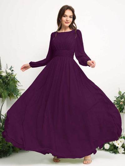 Carlyna Robe trapèze en mousseline avec encolure bateau manches longues pour demoiselle d'honneur Pourpre #couleur_pourpre