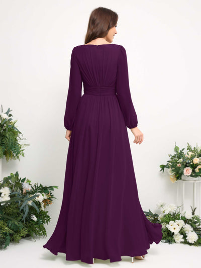 Carlyna Robe trapèze en mousseline avec encolure bateau manches longues pour demoiselle d'honneur Pourpre #couleur_pourpre